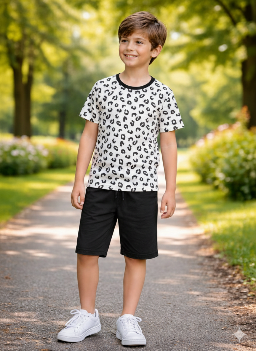 WHITE ALL-OVER LEOPARD PRINTER WITH BLACK SHORTS UNISEX-SUMMER TRACKSUIT