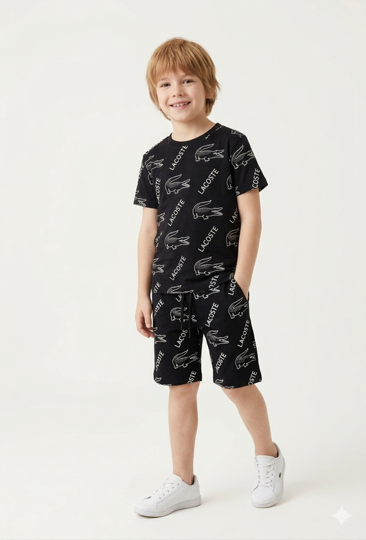 BLACK LACOSTE ALL-OVER PRINTED WITH SHORTS UNISEX-SUMMER TRACKSUIT