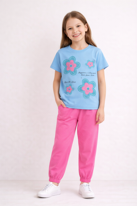 PINK FLOWER BLOOM T-SHIRT WITH TROUSER-SUMMER-TRACKSUIT