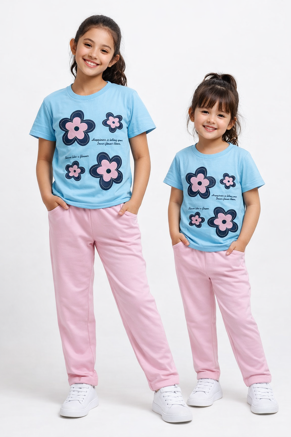 SKY BLUE FLOWER BLOOM T-SHIRT WITH TROUSER-SUMMER TRACKSUIT
